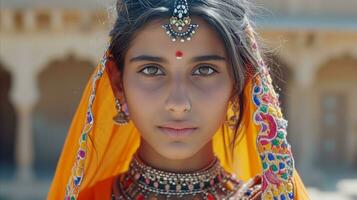 ai genererad porträtt av en ung indisk flicka i traditionell klänning med Smycken foto
