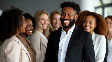 ai genererad Lycklig afrikansk amerikan företag man i främre av företag team. foto