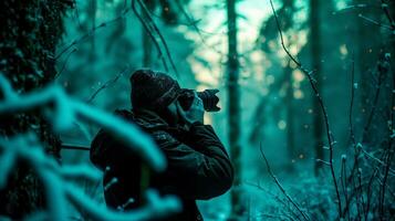 ai genererad en fotograf tar en bild i en snöig trä. generativ ai foto