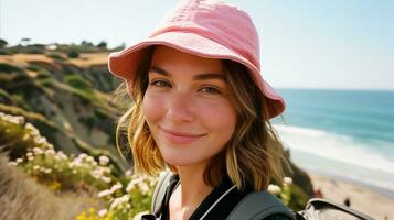 ai genererad leende ung kvinna njuter en solig strand dag bär en rosa hatt foto