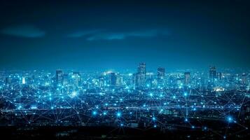 ai genererad trogen teknologisk stad med stor nätverk av nät på blå bakgrund. foto