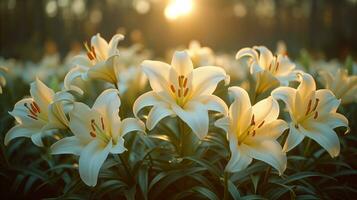 ai genererad gyllene timme lugn med blomning vit liljor i en lugn trädgård foto