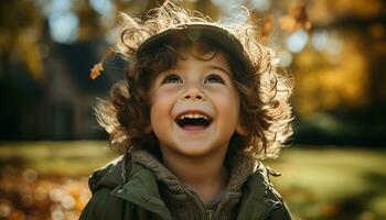 ai genererad leende barn åtnjuter höst, spelar i de skog med vänner genererad förbi ai foto