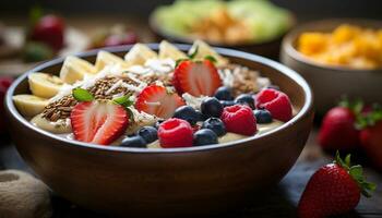 ai genererad friska äter färsk frukt skål med yoghurt, granola, och bär genererad förbi ai foto