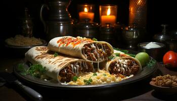 ai genererad gourmet mexikansk måltid grillad nötkött taco med färsk grönsaker genererad förbi ai foto