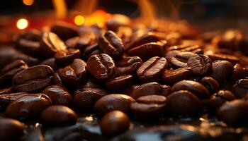 ai genererad nyligen rostad kaffe bönor på en mörk bakgrund genererad förbi ai foto