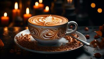 ai genererad färsk cappuccino på trä- tabell, en skummande dryck till njut av genererad förbi ai foto