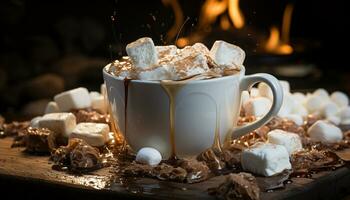 ai genererad varm choklad med marshmallows på en rustik trä- tabell genererad förbi ai foto
