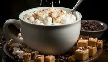 ai genererad färsk gourmet efterrätt choklad kaffe, ljuv cappuccino med skummande mjölk genererad förbi ai foto