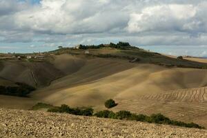 UPPTAGITS fält och ängar landskap i Toscana, Italien. vågig Land landskap på höst solnedgång. odlingsbar landa redo för de jordbruks säsong. foto