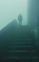 ai genererad man stående upp på en trappa i en dimmig dag. foto