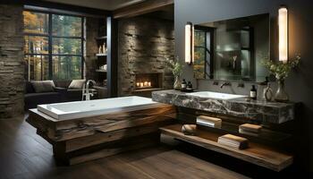 ai genererad modern, elegant lägenhet med lyxig trä golv och marmor badrum genererad förbi ai foto