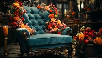 ai genererad mysigt levande rum med elegant dekoration, gammal fashioned stol, och vas genererad förbi ai foto
