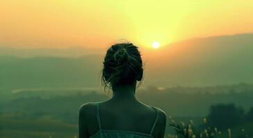 ai genererad kvinna ser på solnedgång utomhus. foto