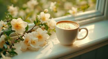 ai genererad en kopp av kaffe är på en fönster tröskel Nästa till blommor foto