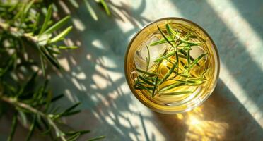 ai genererad en glas av vatten med citron- skivor och rosmarin med en sugrör foto