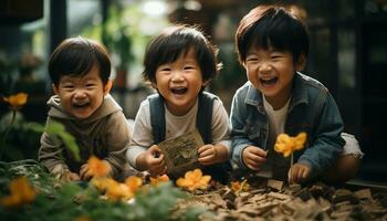 ai genererad leende Pojkar spelar utomhus, njuter höst natur med familj genererad förbi ai foto