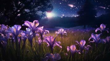 ai genererad månljus iris fält och eldflugor - ai genererad foto