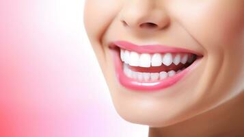ai genererad närbild friska vit tänder och rosa gummi av en kvinna. dental vård och tänder blekning begrepp. oral vård tandvård. skön leende. perfekt friska tänder. självsäker dental skönhet. foto