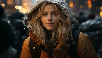 ai genererad ung kvinna i vinter- mode gående i de regn genererad förbi ai foto