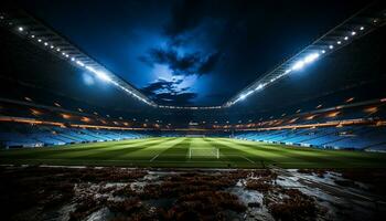 ai genererad ljus flodljus belysa en vibrerande fotboll fält på natt genererad förbi ai foto