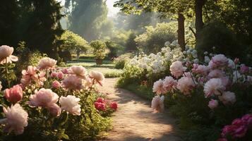 ai genererad frodig pion trädgård i blomma - ai genererad foto