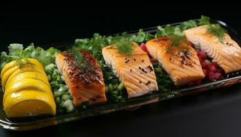 ai genererad friskhet på tallrik skaldjur, fisk, avokado, grillad, sashimi, sallad genererad förbi ai foto
