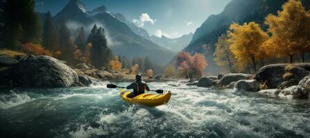 ai genererad Kajakpaddling kayaker på en snabb i skog bakgrund med berg landskap foto