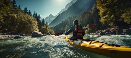 ai genererad Kajakpaddling kayaker på en snabb i skog bakgrund med berg landskap foto