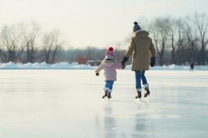 ai genererad skridskoåkning på de is med familj i vinter- foto