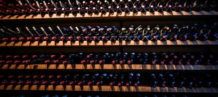 ai genererad rader av vin flaskor på kuggstänger i en källare foto