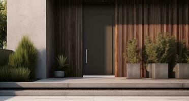ai genererad trä- planter på främre dörr i modern bostads- hus foto