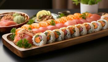 ai genererad färsk skaldjur tallrik sushi, sashimi, maki rulla friska japansk lunch genererad förbi ai foto