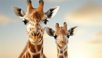 ai genererad söt giraff och zebra stående i afrikansk savann på solnedgång genererad förbi ai foto