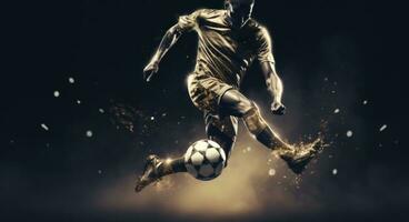 ai genererad fotboll spelare sparkar en fotboll boll i de luft foto