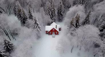 ai genererad en röd hus sitter i de mitten av en skog foto