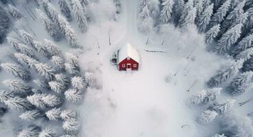 ai genererad en röd hus är täckt i snö i en trädbevuxen område foto