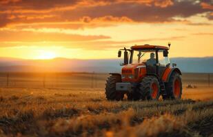 ai genererad ett orange traktor är körning genom en fält på solnedgång foto