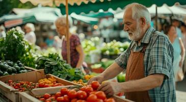 ai genererad en kvinna och ett äldre man uppköp grönsaker på en jordbrukare marknadsföra foto