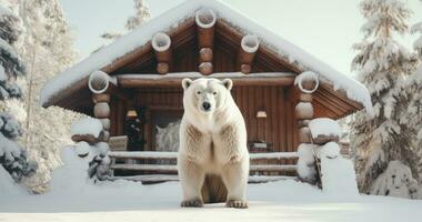 ai genererad stor brun Björn stående utanför en stuga i snö foto