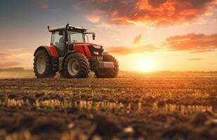 ai genererad ett orange traktor är körning genom en fält på solnedgång foto