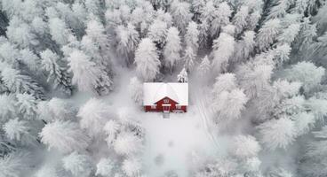 ai genererad antenn se av en röd hus i vinter- skog foto