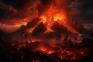 ai genererad de vulkan är regnar lava av av de berg foto