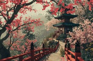 ai genererad en väg ledande ner till en pagod och blomstrande körsbär träd foto