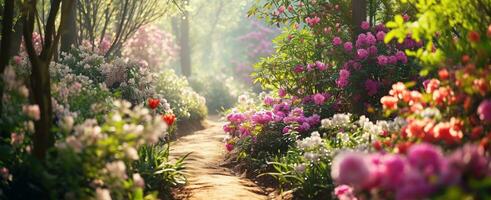 ai genererad en väg leder genom en blomma trädgård foto