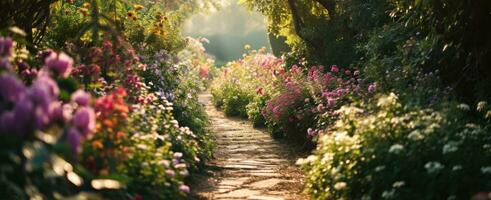 ai genererad en väg leder genom en blomma trädgård foto
