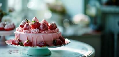 ai genererad en rosa kaka med små jordgubbar Sammanträde på en vit tabell foto