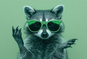 ai genererad en tvättbjörn bär grön solglasögon framställning en hand gest foto