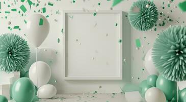 ai genererad en vit ram på de vägg i främre av grön och vit fyrverkeri och konfetti foto