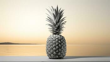 ai genererad saftig ananas skiva, mogen och uppfriskande, under tropisk solnedgång genererad förbi ai foto